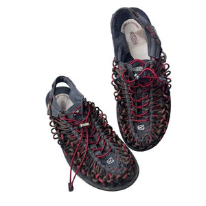 Men's Keen Uneek Sandals US 10.5 Grey Red Rope Knit Shoes Outdoors Rugged